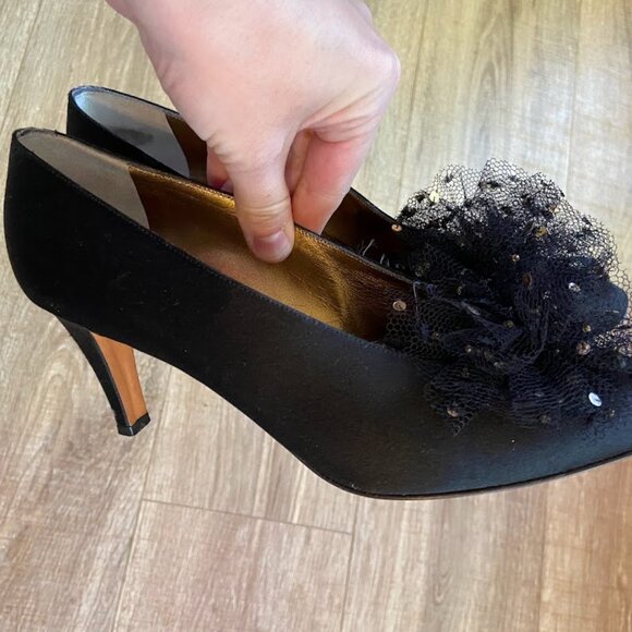 YSL Yves Saint Laurent VINTAGE 80's 6 1/2 Black Heels Tulle Sequin Pom Holidays - Picture 10 of 12